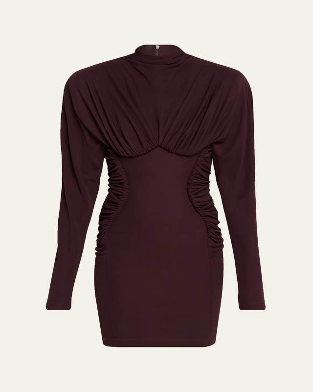Pleated High-Neck Long-Sleeve Mini Dress
